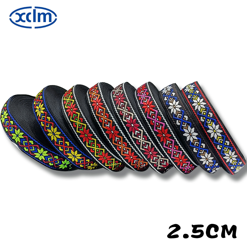 2.5cm ethnic webbing accessories, ethnic style polyester decorative materials, colored jacquard ribbons, edge banding fabric strips Item Picture