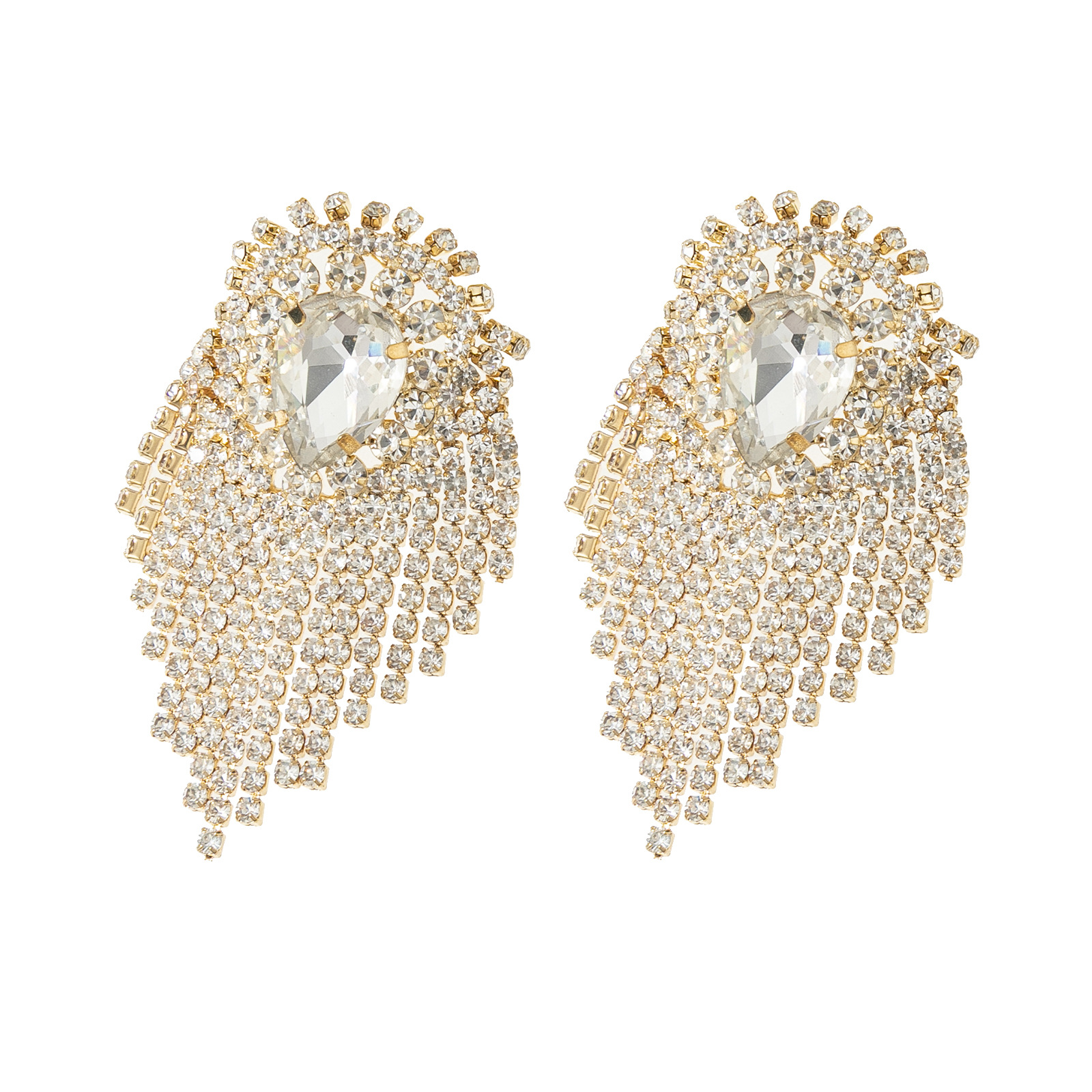 Cross-border fashion full-diamond catwalk dress accessories, rhinestone earrings, and popular European and American claw chain tassel earrings details Picture