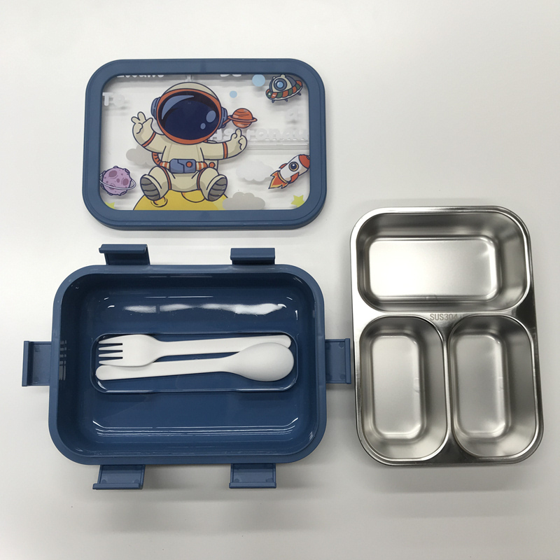 宇航员独角兽卡通双格饭盒 学生便携分隔不锈钢便当盒 带餐具可爱餐盒详情6