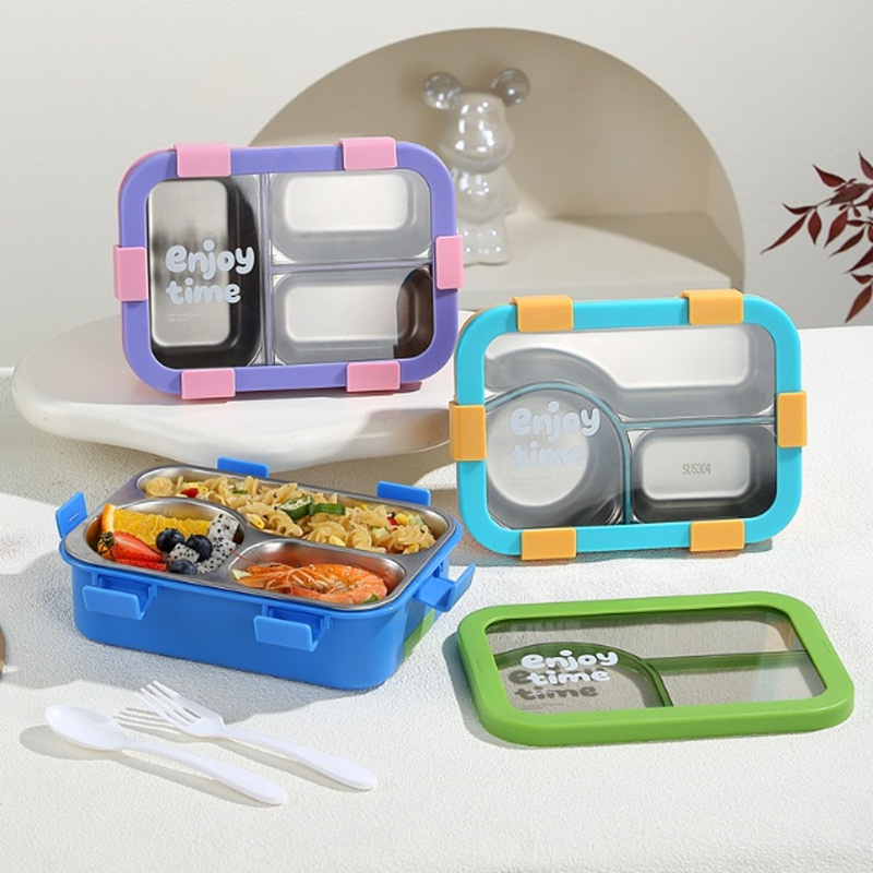 多色三格不锈钢饭盒 带餐具分隔餐盒 学生便携‘Enjoy time’便当盒详情2