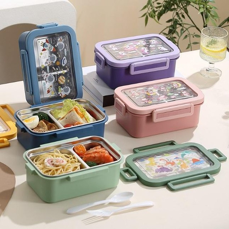 卡通图案分隔便当盒 多色学生上班族带饭餐盒 密封防漏不锈钢分格午餐盒详情2