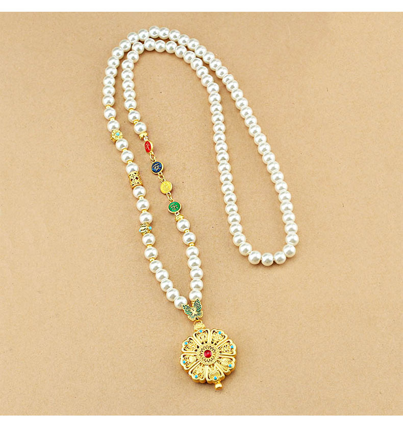 复古新中式圆牌仿珍珠长款项链女古风国风毛衣链轻奢旗袍配饰批发详情5