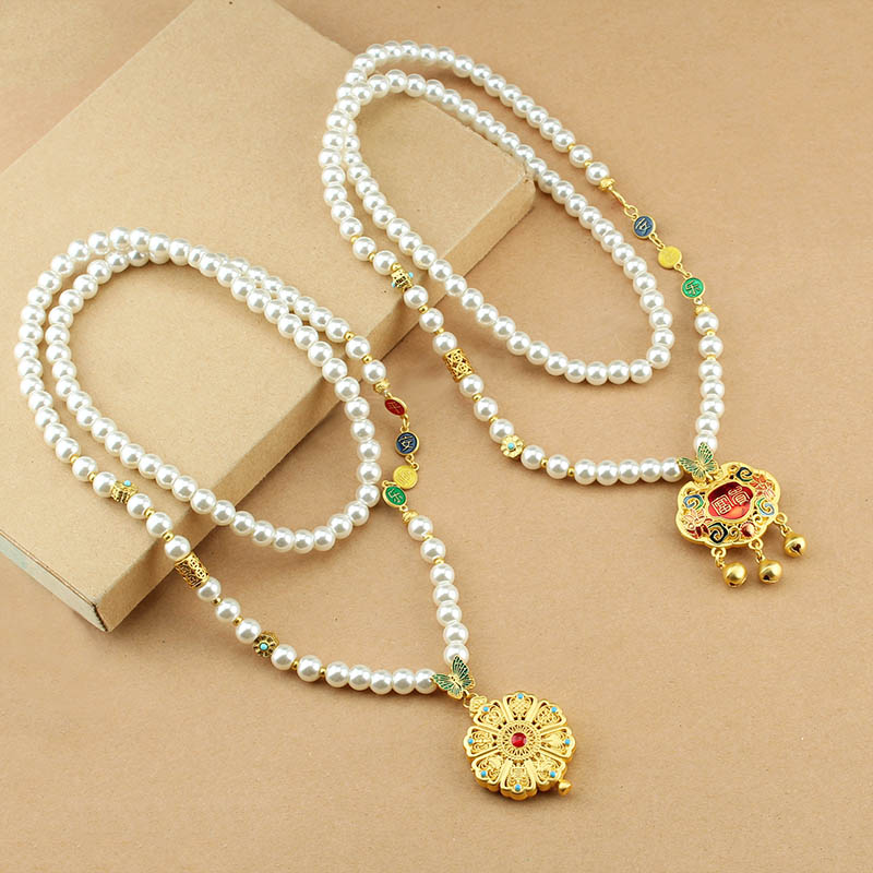 复古新中式圆牌仿珍珠长款项链女古风国风毛衣链轻奢旗袍配饰批发