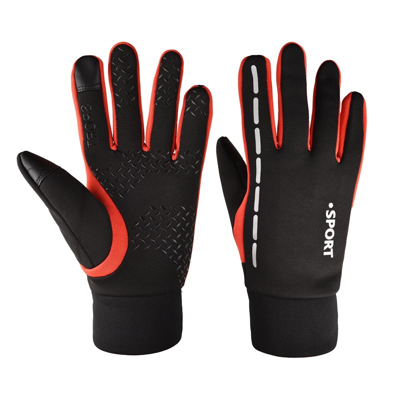 Autumn and winter waterproof, fleece, warm, anti-slip, reflective strip outdoor cycling full-finger gloves, men's touch screen windproof bicycle Item Picture