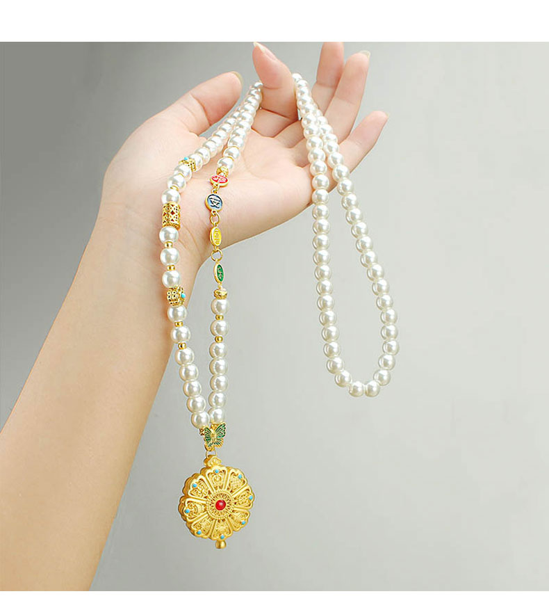 复古新中式圆牌仿珍珠长款项链女古风国风毛衣链轻奢旗袍配饰批发详情4