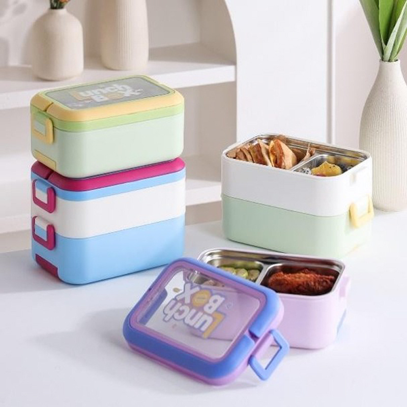 渐变配色分隔保鲜饭盒 可叠加便携餐盒 上班族学生密封防漏微波便当盒详情2