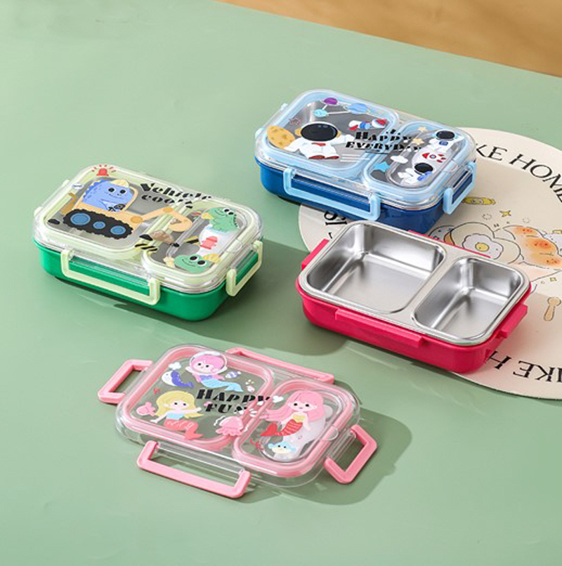 儿童卡通双格饭盒 宇航员美人鱼恐龙图案 便携提手不锈钢分隔餐盒 学生可爱便当盒详情2