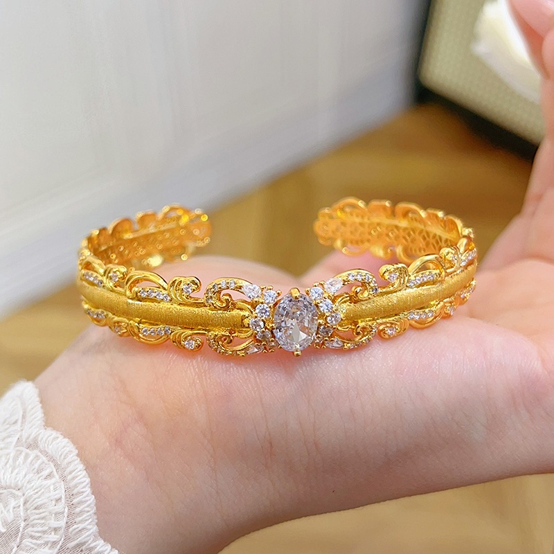 金店同款沙金点钻鸽子蛋蕾丝花边手镯开口镯子精致复古送女友礼物沙金铜