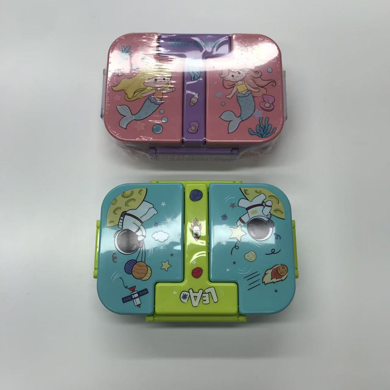 儿童卡通三格饭盒 宇航员美人鱼汽车图案 便携带提手分隔餐盒 学生可爱便当盒详情3