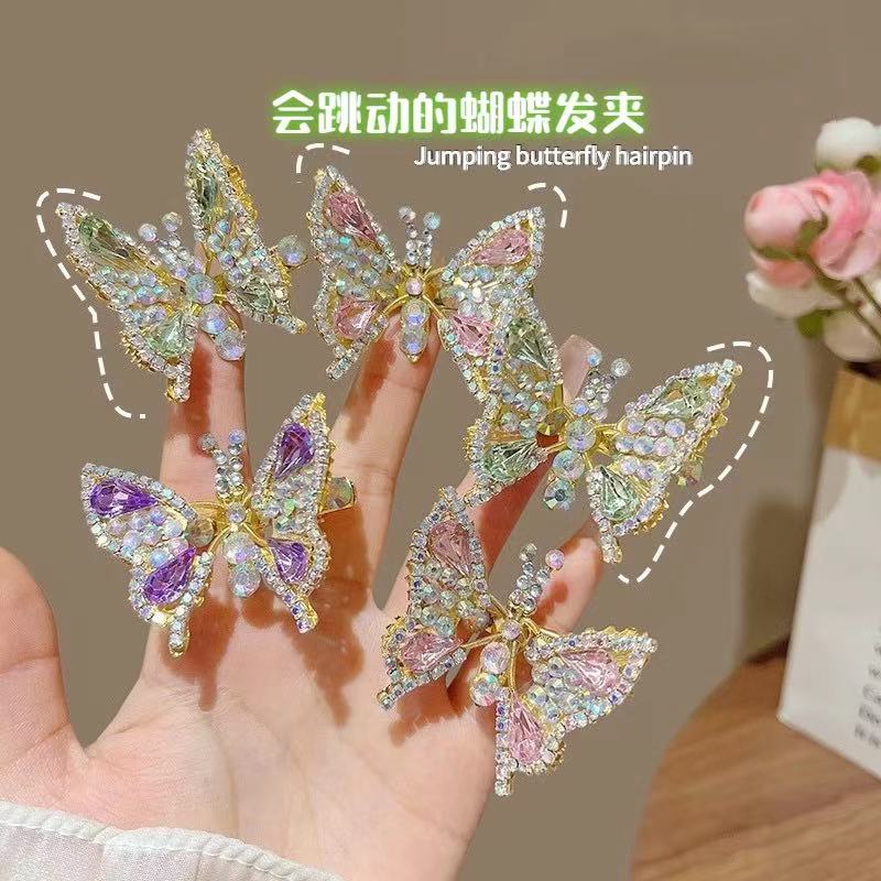 Children's butterfly hairpins, moving hairpins, water diamonds, flying cute headwear clips, side clips for breaking bangs
