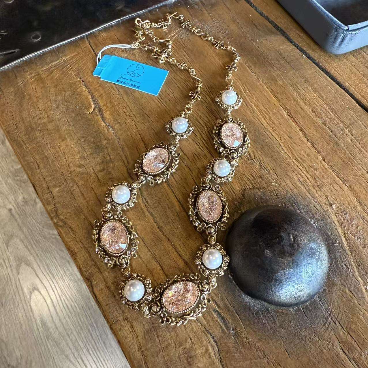 中古饰品vintage法产莱茵石项链耳环黄铜18k电镀套装百搭青岛工厂