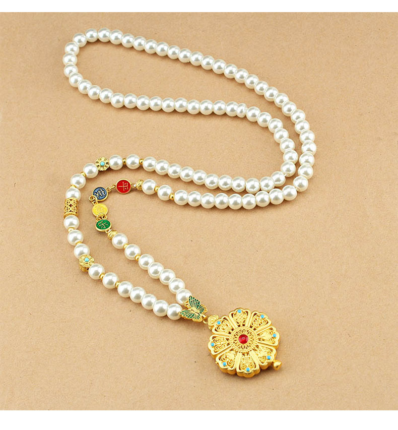 复古新中式圆牌仿珍珠长款项链女古风国风毛衣链轻奢旗袍配饰批发详情7