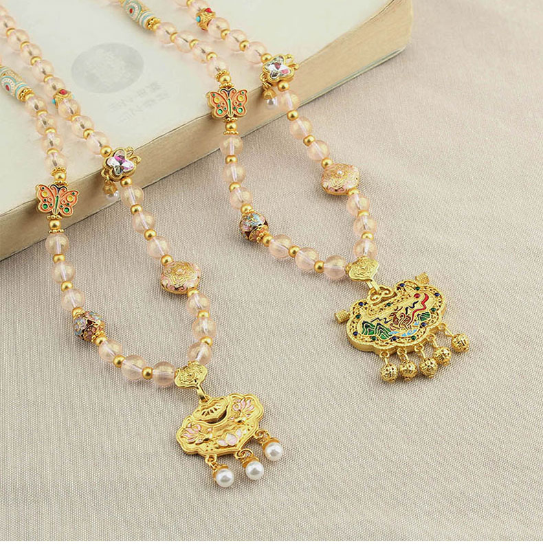 新中式国风锦鲤如意锁吊坠项链女仿水晶珠链轻奢高级感毛衣链配饰详情1