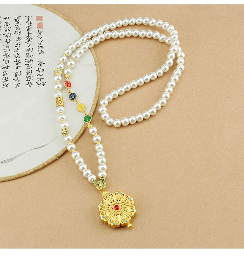 复古新中式圆牌仿珍珠长款项链女古风国风毛衣链轻奢旗袍配饰批发详情8