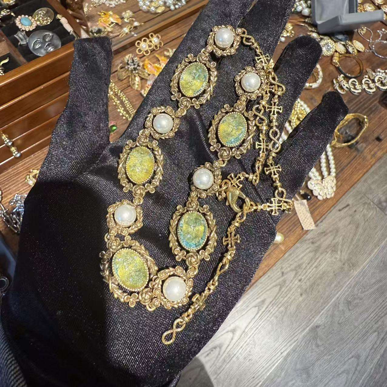 中古饰品vintage法产莱茵石项链耳环黄铜18k电镀套装百搭青岛工厂产品图