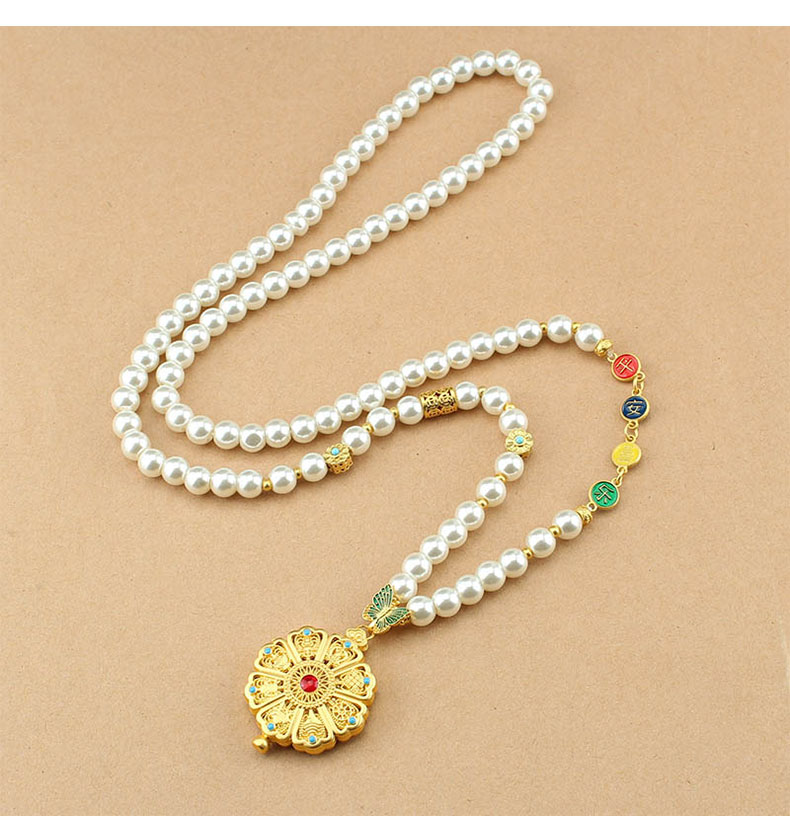 复古新中式圆牌仿珍珠长款项链女古风国风毛衣链轻奢旗袍配饰批发详情9