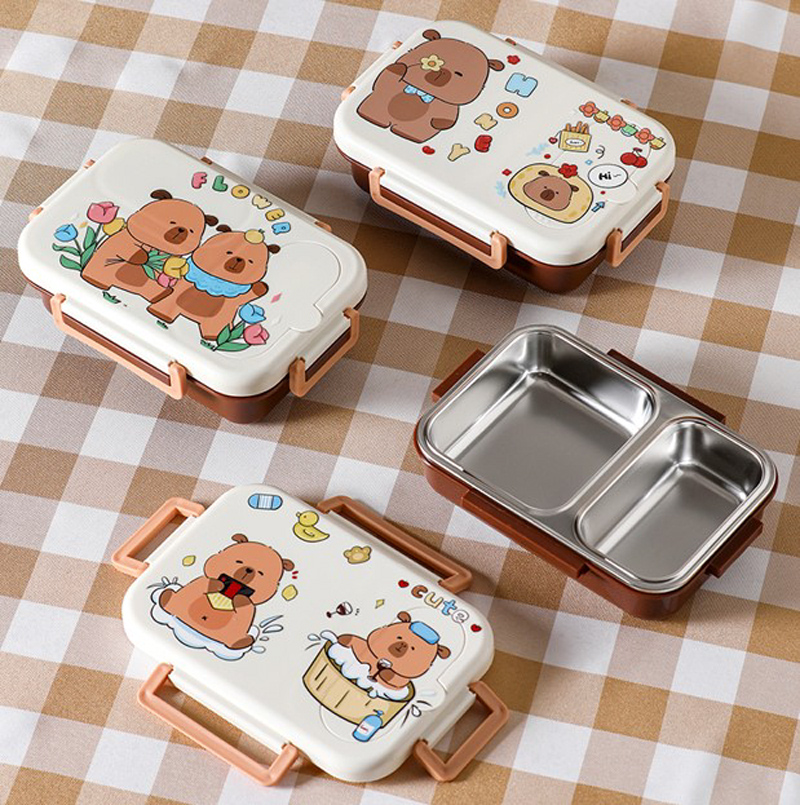 可爱小熊双格饭盒 304不锈钢分隔餐盒 便携提手卡通学生便当盒 防漏儿童餐盒详情2