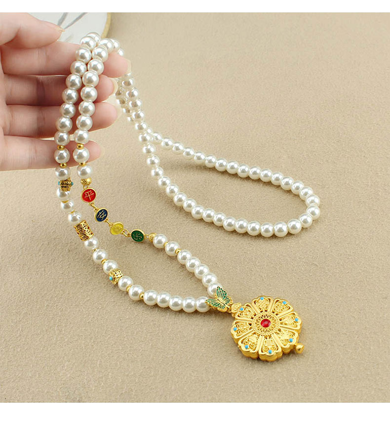 复古新中式圆牌仿珍珠长款项链女古风国风毛衣链轻奢旗袍配饰批发详情2