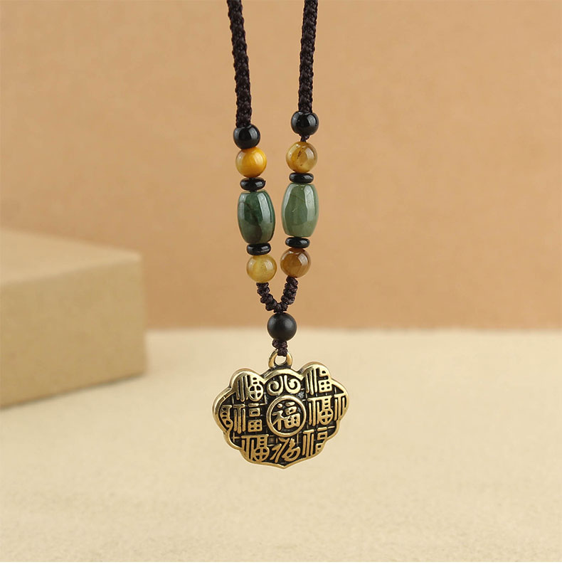 复古黄铜多福如意锁吊坠项链女百搭个性长款毛衣链简约民族风配饰详情1