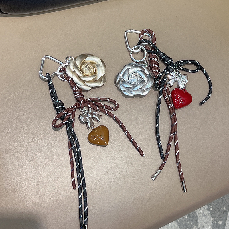 时尚创意韩版山茶花手编绳爱心钥匙扣装饰挂件汽车钥匙链包包挂饰
