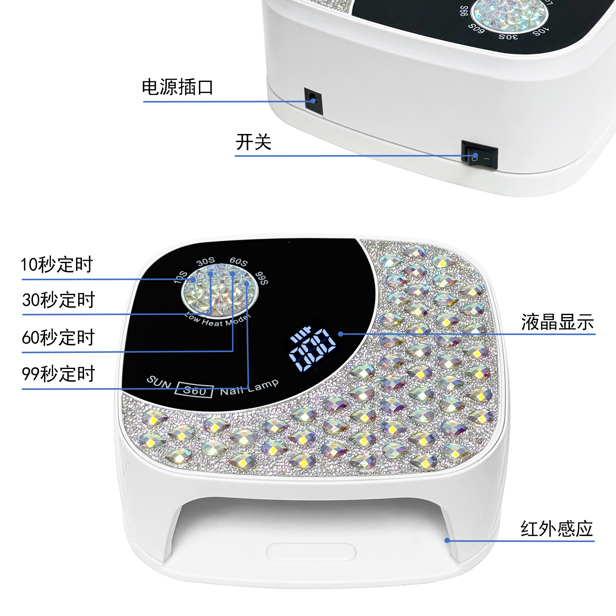 蓄电红光美甲灯，36颗灯珠，四档定时，炫丽外观，低热护手，便捷高效。细节图