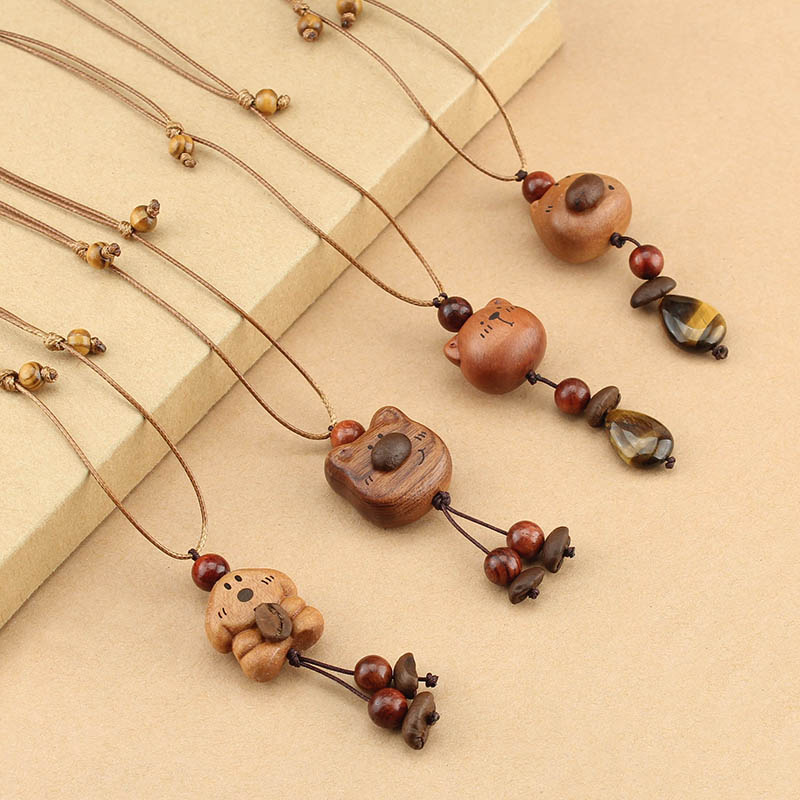 国风长款蜡绳咖啡豆小熊项链女复古木质吊坠毛衣链民族风配饰批发