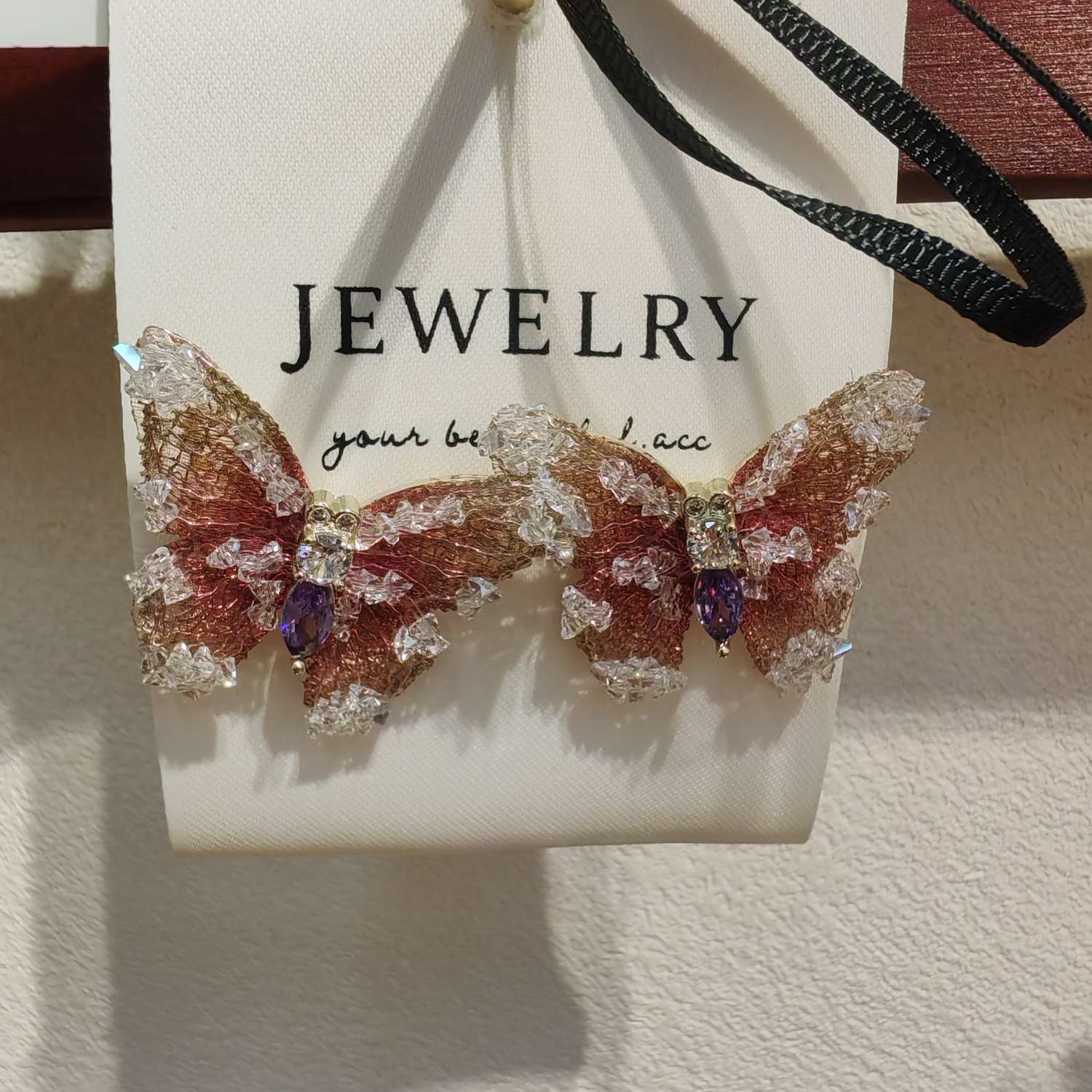 纯手工首饰钩编水晶蝴蝶耳针耳钉饰品