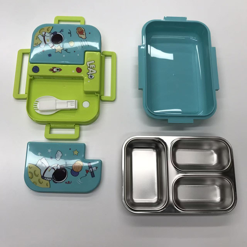 儿童卡通三格饭盒 宇航员美人鱼汽车图案 便携带提手分隔餐盒 学生可爱便当盒详情4