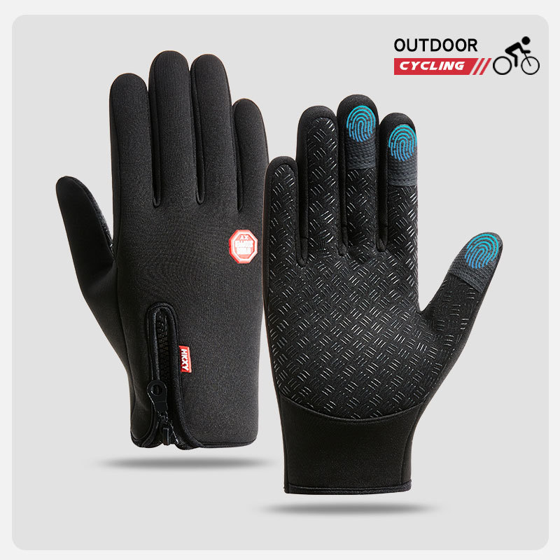 Cycling gloves, full-finger touch screen, outdoor windproof for men and women, zipper waterproof fleece, warm mountaineering and skiing gloves