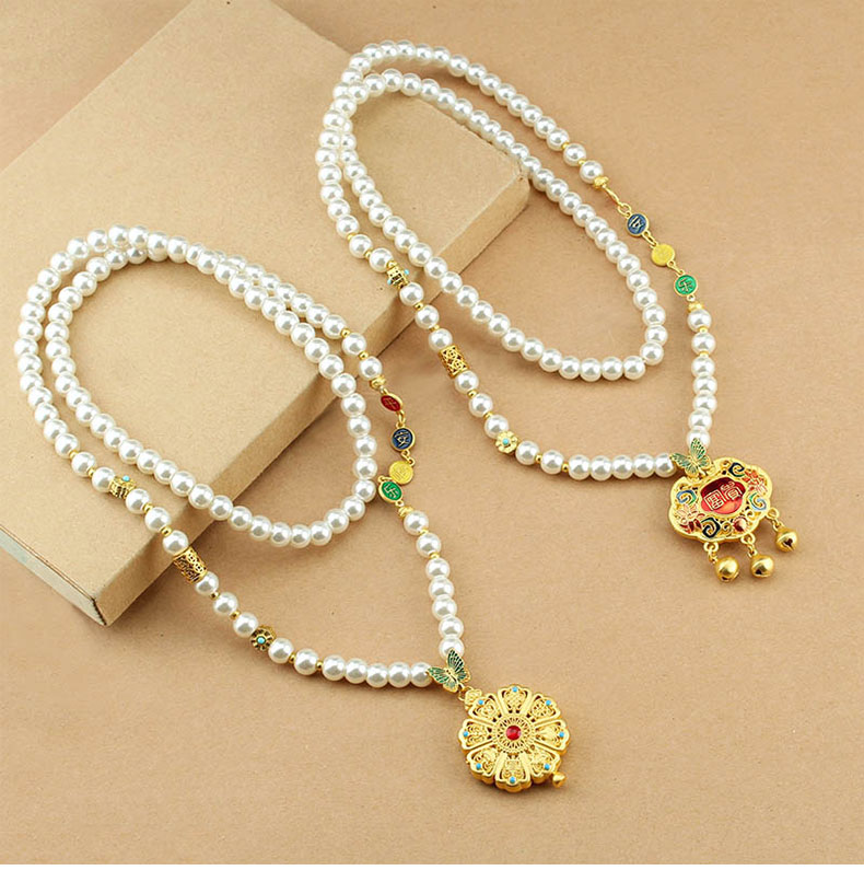 复古新中式圆牌仿珍珠长款项链女古风国风毛衣链轻奢旗袍配饰批发详情1