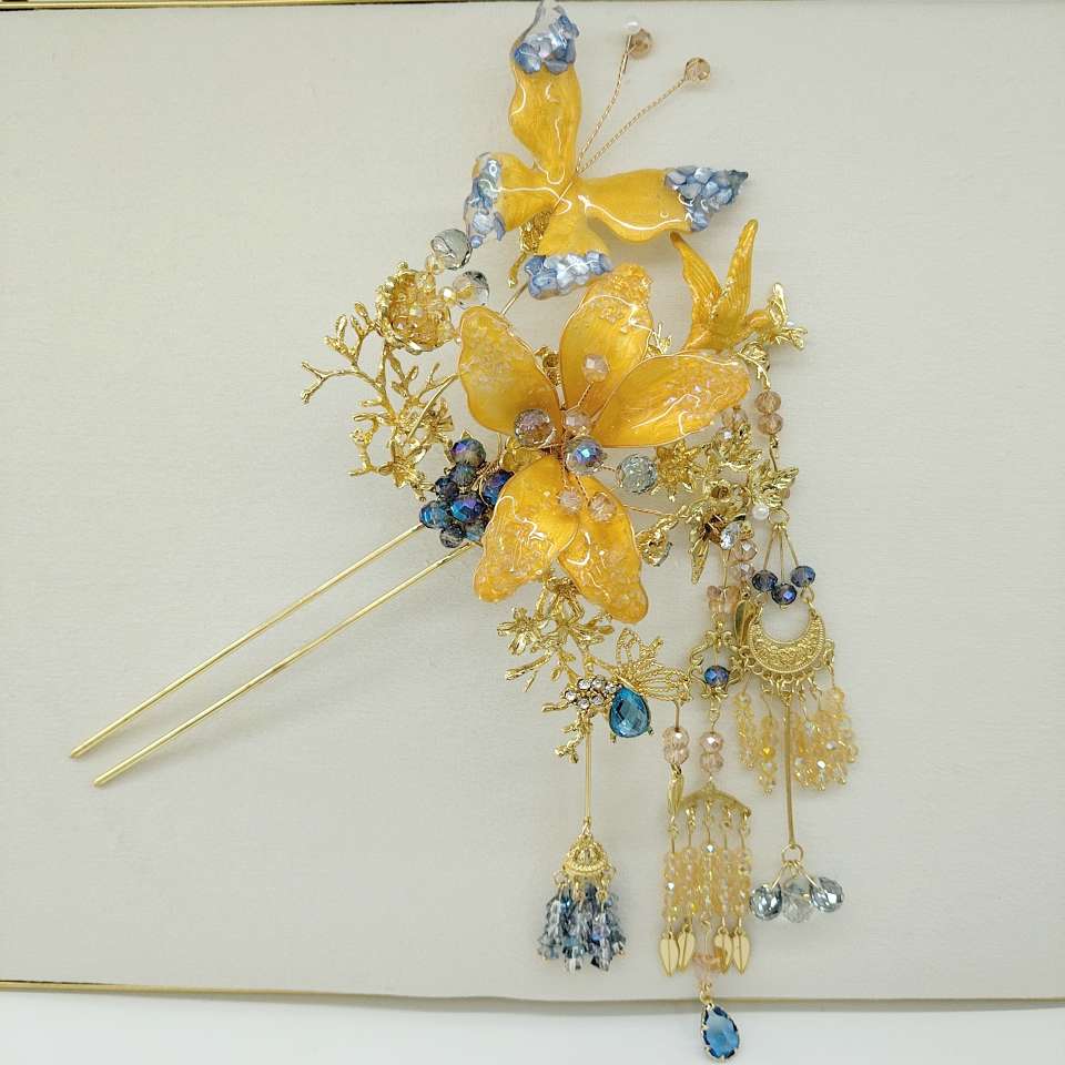 Photo shoot appearance: Yellow and blue color contrast handcrafted tassel hair accessory set, Hanfu hair accessory Specification image