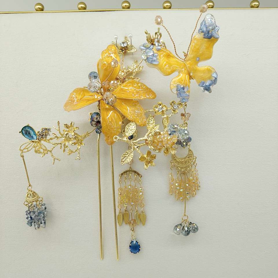 Photo shoot appearance: Yellow and blue color contrast handcrafted tassel hair accessory set, Hanfu hair accessory details Picture