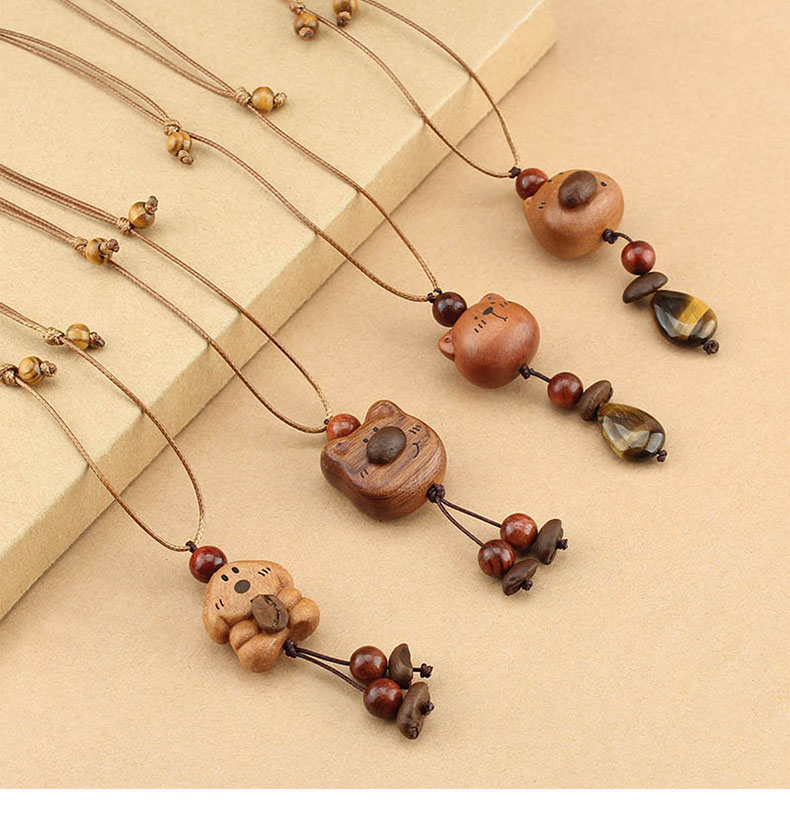 国风长款蜡绳咖啡豆小熊项链女复古木质吊坠毛衣链民族风配饰批发详情1