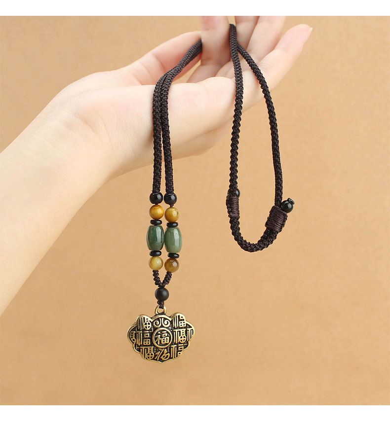 复古黄铜多福如意锁吊坠项链女百搭个性长款毛衣链简约民族风配饰详情2