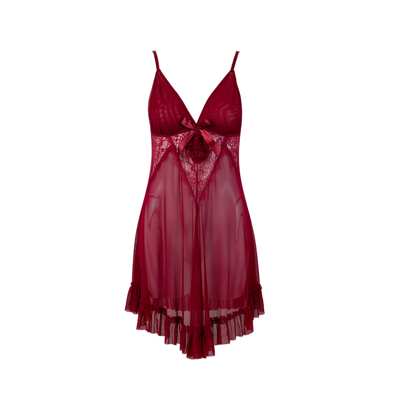 Ladies' sexy tulle halter nightgown, lace semi-transparent bow halter lingerie, lace tulle patchwork nightgown Item Picture