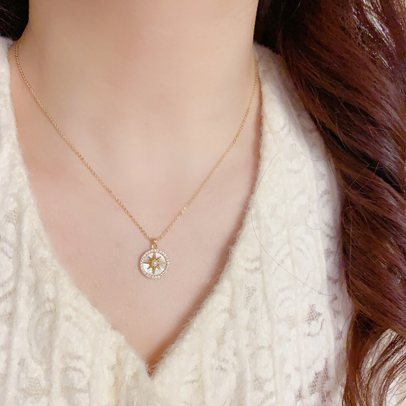 韩版时尚设计感八芒星贝壳圆环吊坠项链女个性轻奢百搭锁骨链批发
