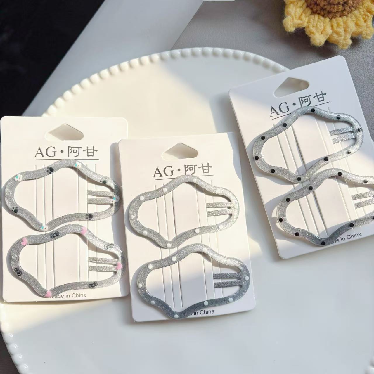 韩饰新款银闪云朵发夹格雷灰百搭发饰卡通波点滴胶bb夹7cm碎发夹