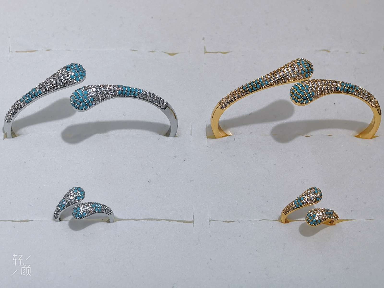 时尚铜手镯+戒指套装高级感气质微镶蓝色锆开口手镯