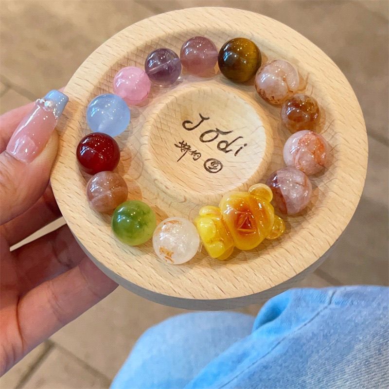 多宝天然石红胶花小熊手串可爱夸张蜜蜡珍珠女串珠原创设计手链