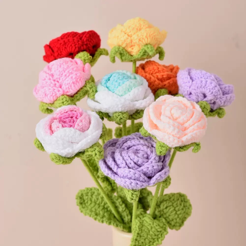 手工编叶编织玫瑰花 仿真花品  家居装饰摆设 创意礼品艺术品毕业礼物针织迷你毛线花束仿真泡芙小香风生日礼物幼儿园毕业花束