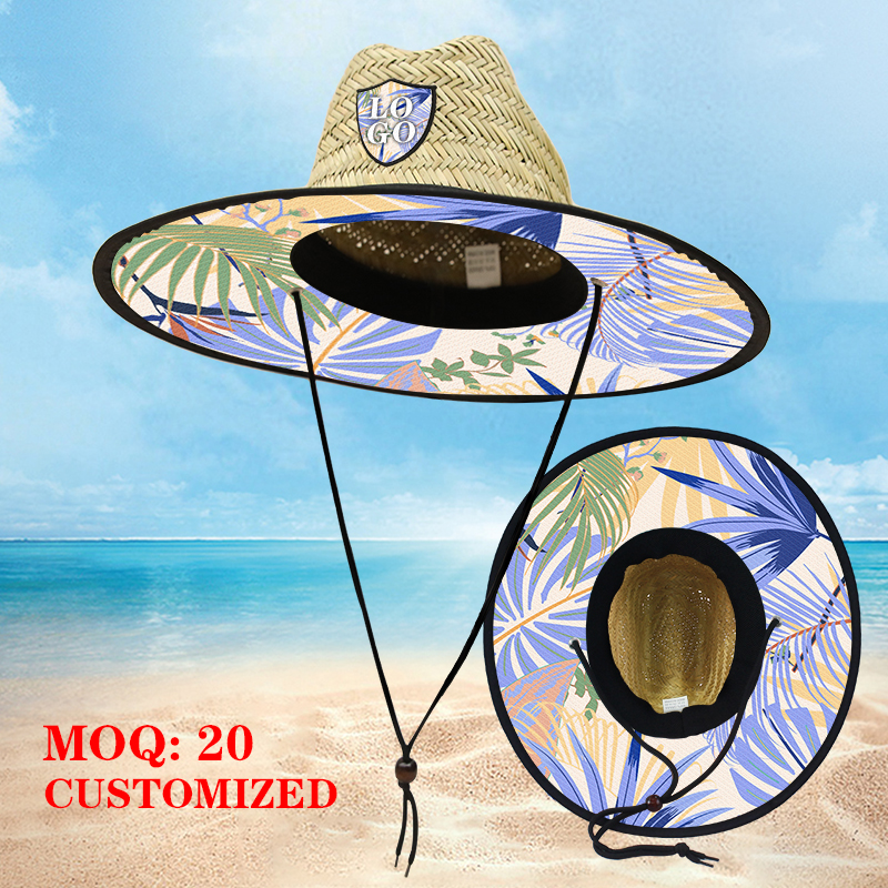 草帽海边救生员定制款式手工编织天然户外草帽定制Logo度假风防晒草帽