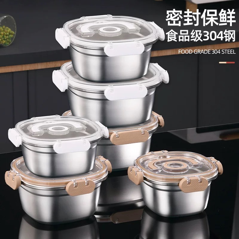 304 stainless steel fresh-keeping bowl with lid, sealed box, large-capacity lunch box, food-grade microwave-heated fresh-keeping box details Picture