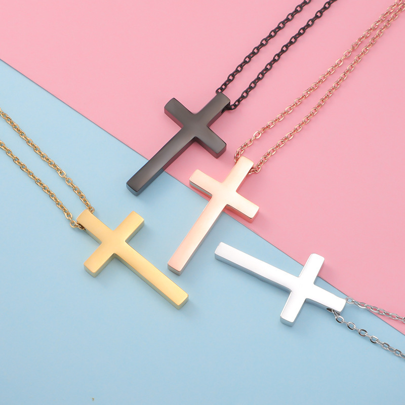 Mirror-finished titanium steel cross necklace, retro European and American hip-hop trend cross couple necklace, collarbone chain Specification image