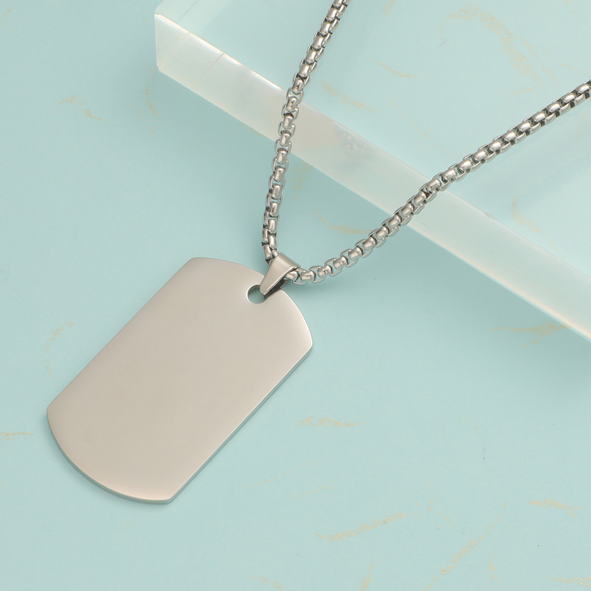 Cross-border wholesale titanium steel, niche and trendy men's hip-hop military brand light plate, laser-engraved identity tag pendant necklace details Picture