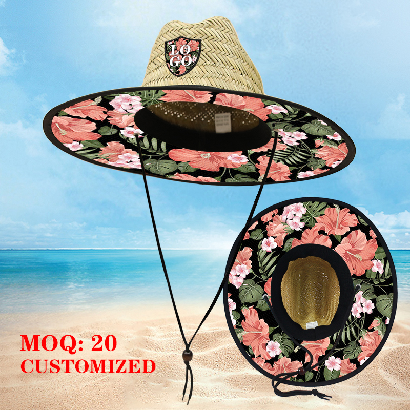 Custom-made straw hat for beach lifeguards, hand-woven natural outdoor straw hat, custom-made Logo vacation style sun protection straw hat details Picture