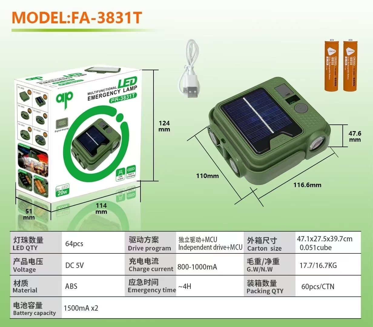 跨境新款应急灯充电应急灯户外应急灯