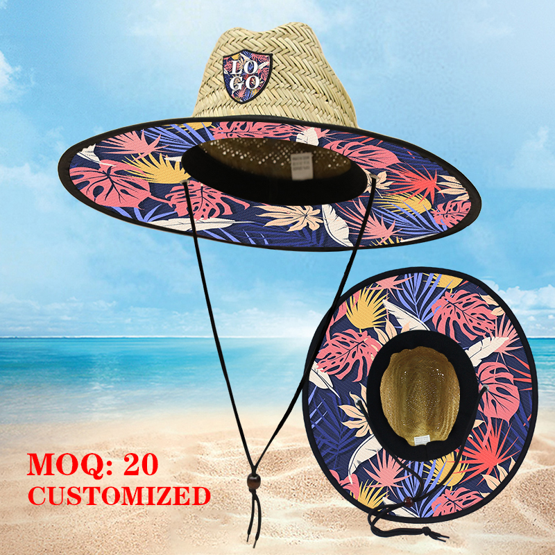 Custom-made beach lifeguard style straw hat, custom-made Logo vacation style sun protection straw hat, hand-woven natural grass adult straw hat details Picture