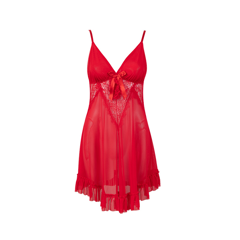 Ladies' sexy tulle halter nightgown, lace semi-transparent bow halter lingerie, lace tulle patchwork nightgown details Picture