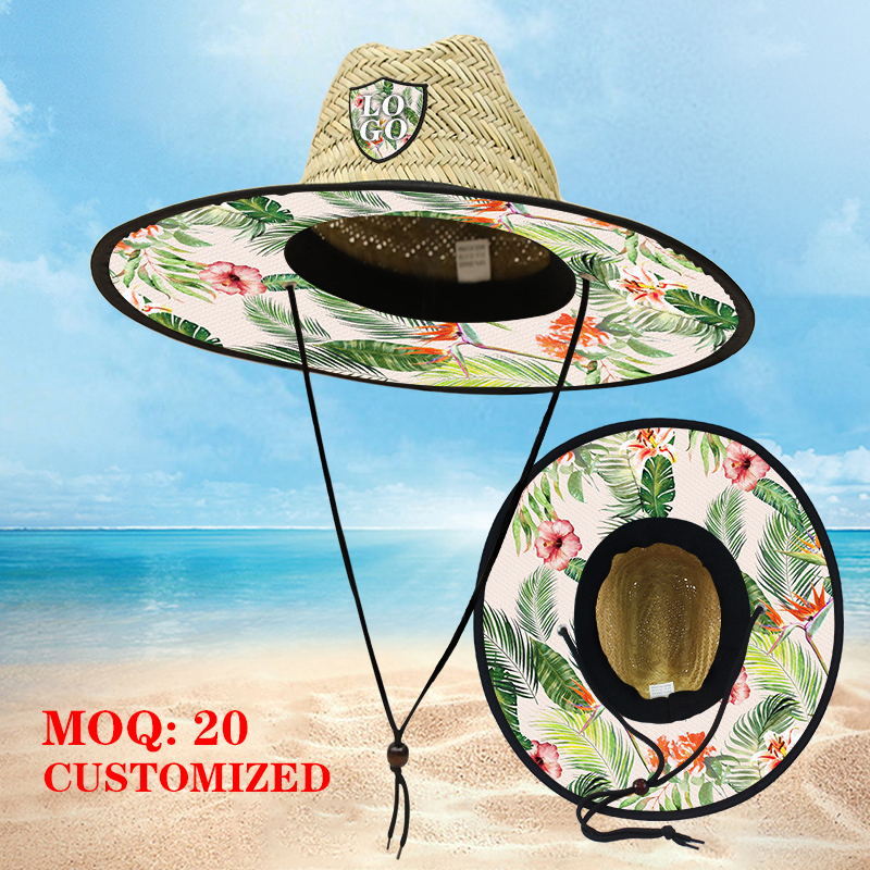 Customized style of beach lifeguard outdoor straw hat, customized Logo vacation style sun protection straw hat, hand-woven natural straw hat Specification image