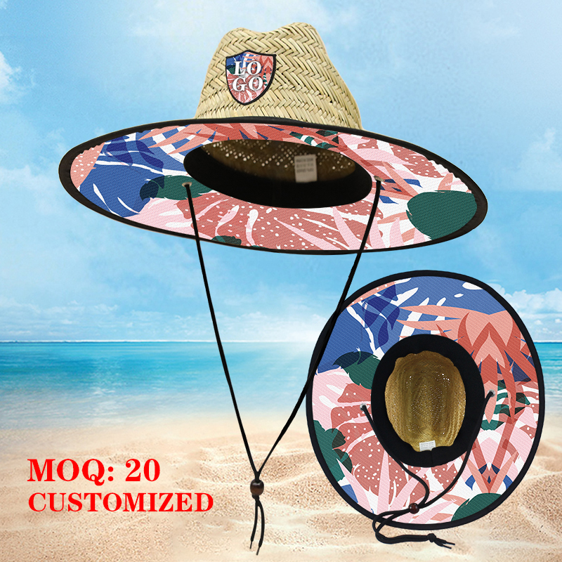 Customized style of beach lifeguard outdoor straw hat, customized Logo vacation style sun protection straw hat, hand-woven natural straw hat details Picture